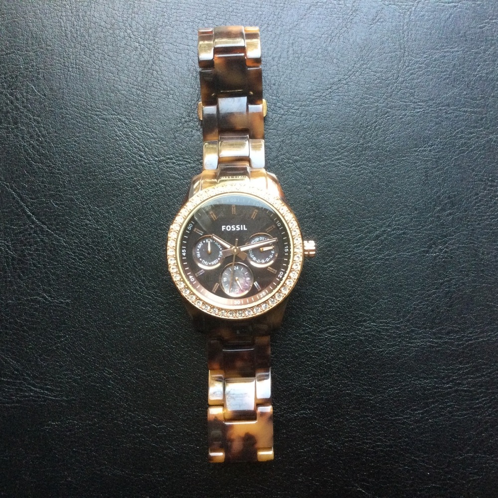 Fossil Tortoiseshell Watch With Rose Gold, Shell & Crystal Accents
